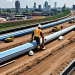 **

A busy Dutch highway under construction.  Workers are installing a large water pipe using trenchless technology.  Focus on the detailed earthworks, heavy machinery, and safety measures.  Incorporate the Rotterdam skyline in the distance. Emphasize a sense of complex planning and execution. Realistisch.

**