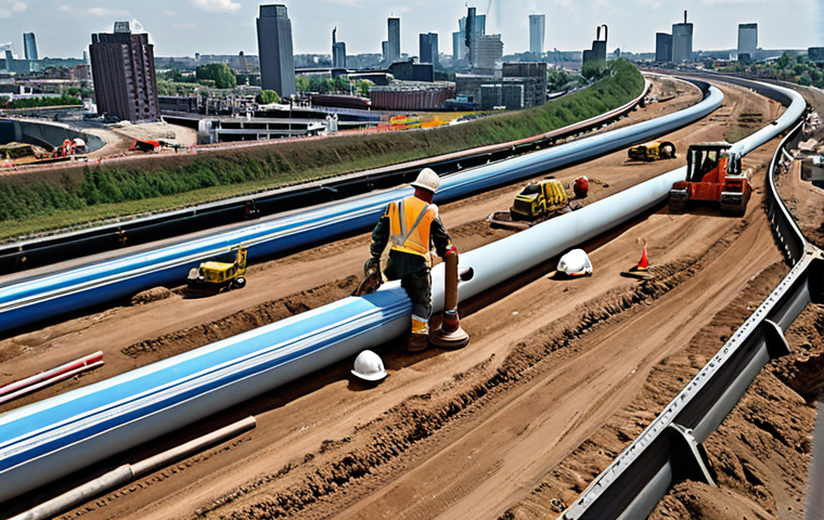 **
A busy Dutch highway under construction. Workers are installing a large water pipe using trenchless technology. Focus on the detailed earthworks, heavy machinery, and safety measures. Incorporate the Rotterdam skyline in the distance. Emphasize a sense of complex planning and execution. Realistisch.
**
