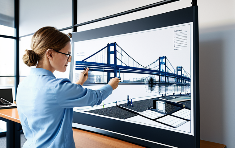 Modern Bridge Design**
"A civil engineer reviewing blueprints for a modern bridge design, featuring sustainable materials and integrated sensors, in a bright office setting, fully clothed, appropriate attire, safe for work, perfect anatomy, natural proportions, professional rendering, high quality, professional environment, family-friendly."
**
