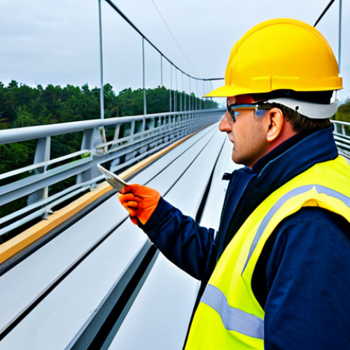 Home 12 토목공학의 주요 데이터 분석 도구 - Civil Engineer Inspecting a Bridge**
"A civil engineer in a professional hard hat and safety vest, ...