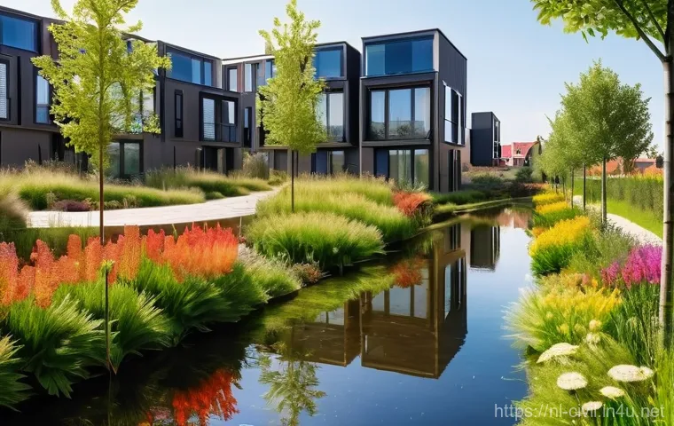 토목공학과 지구온난화 대책 - Image Prompt 1: Urban Water Resilience in a Dutch Neighborhood**