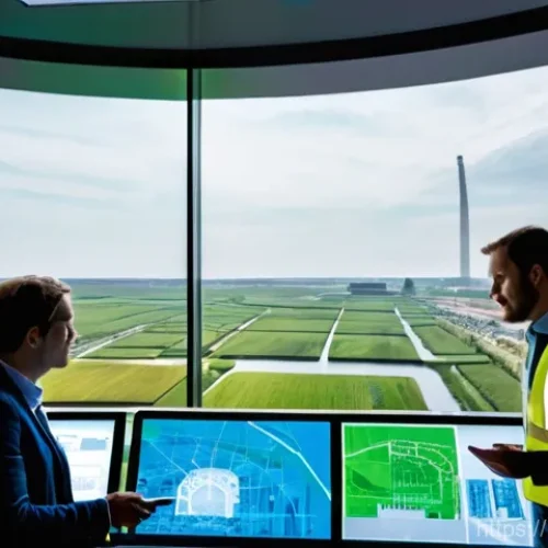 토목공학의 주요 분야별 취업 전략 - **Prompt:** A dynamic, wide-angle shot capturing a team of diverse Dutch civil engineers, both male ...