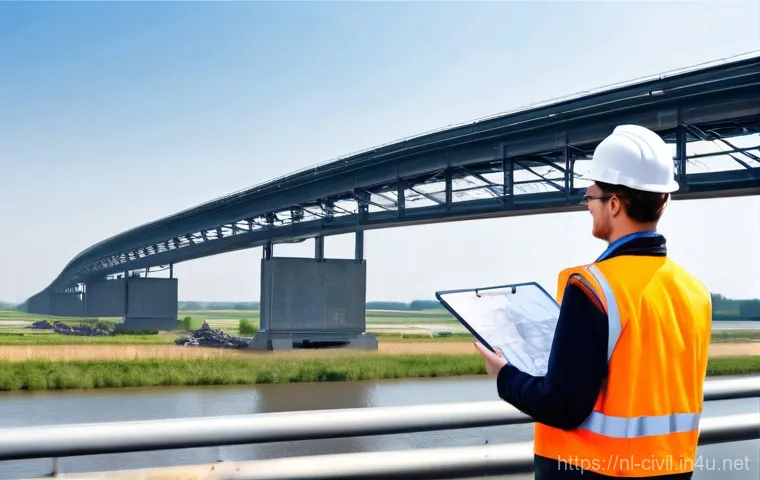 토목공학의 주요 분야별 취업 전략 - **Prompt:** A dynamic, wide-angle shot capturing a team of diverse Dutch civil engineers, both male ...