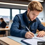 Home 20 토목기사 실기시험 모범 답안 - A detailed scene of a Dutch civil engineering student preparing for their practical exam at a modern...