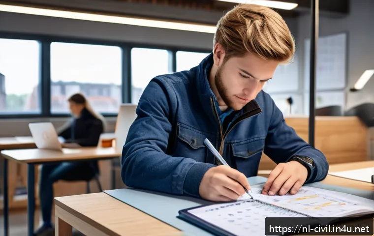 토목기사 실기시험 모범 답안 - A detailed scene of a Dutch civil engineering student preparing for their practical exam at a modern...