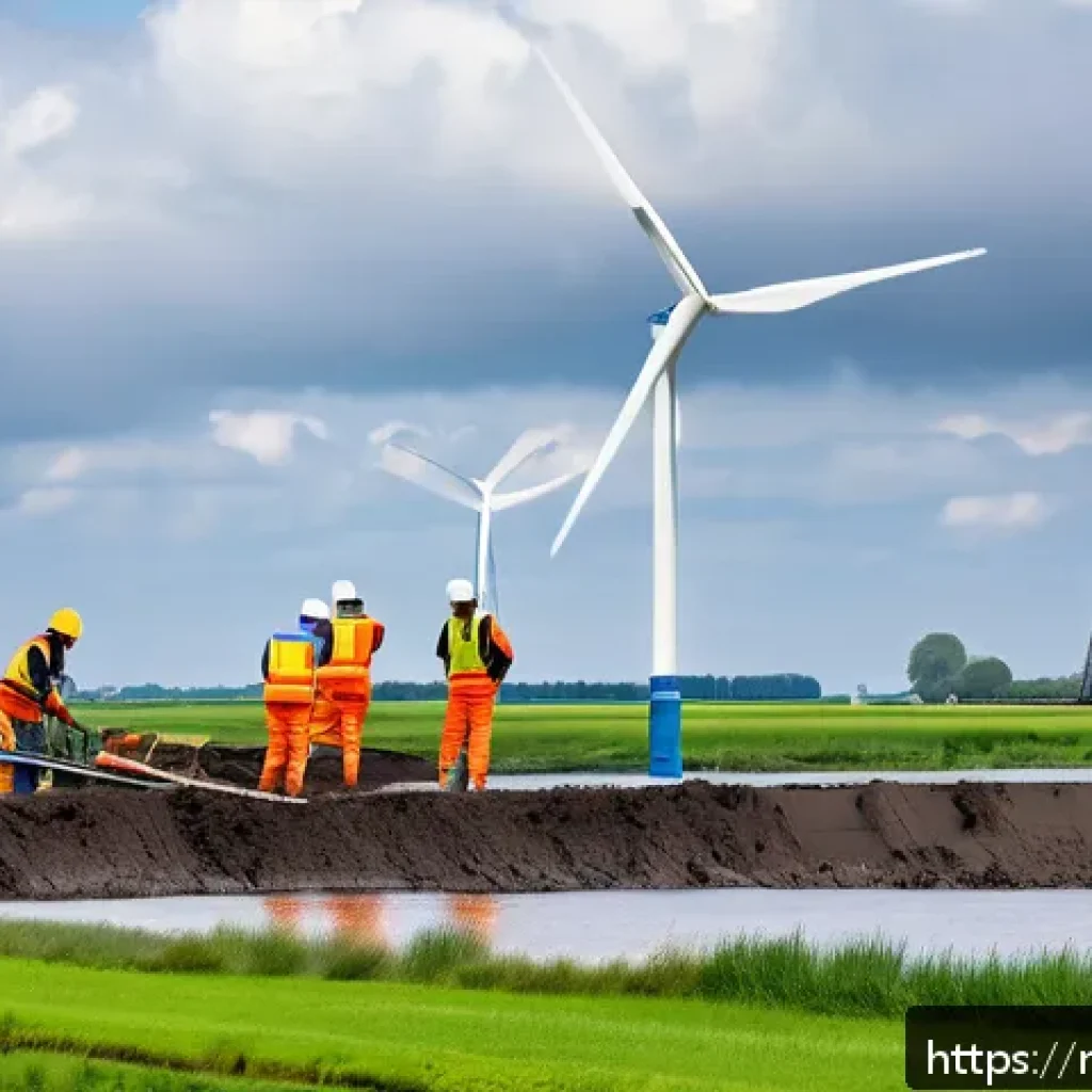토목공학 실무 경험 공유 - A detailed, realistic scene of Dutch engineers and construction workers reinforcing a dike in Zeelan...