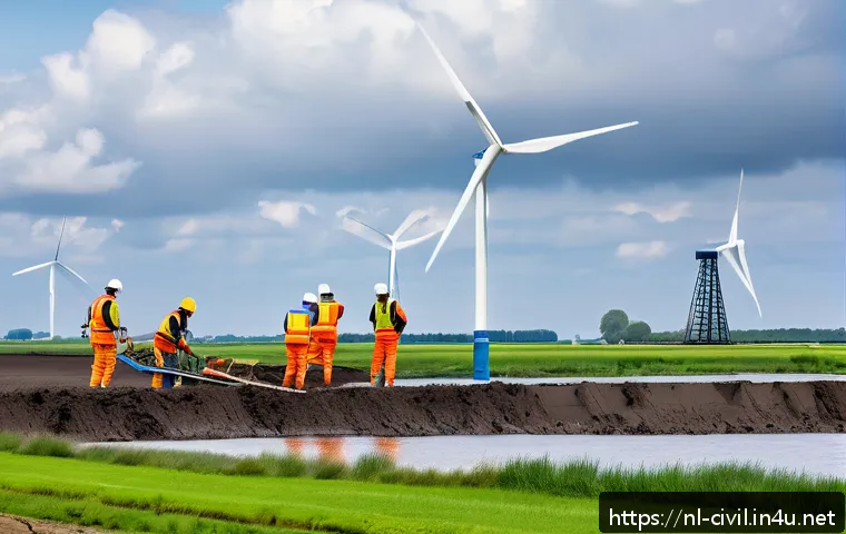 토목공학 실무 경험 공유 - A detailed, realistic scene of Dutch engineers and construction workers reinforcing a dike in Zeelan...