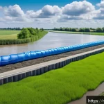 Home 23 토목공학에서 재난 복구 설계 사례 - A detailed scene of an innovative Dutch flood defense system featuring a flexible dike with inflatab...