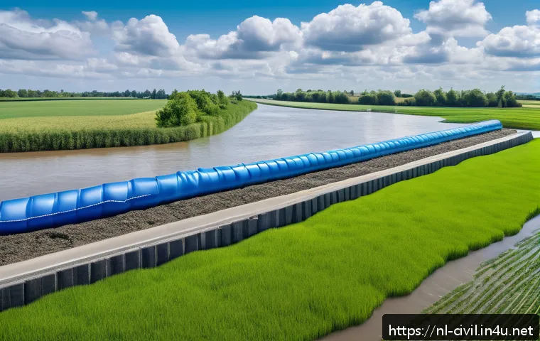 토목공학에서 재난 복구 설계 사례 - A detailed scene of an innovative Dutch flood defense system featuring a flexible dike with inflatab...