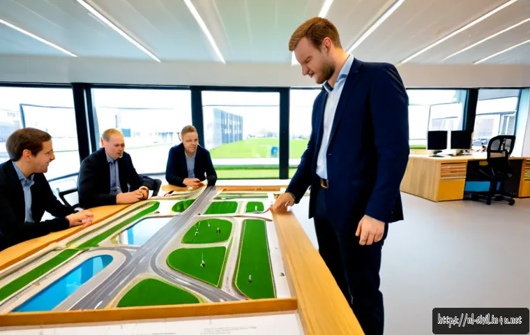 토목공학과 스마트시티 프로젝트 - Photorealistic civil engineering team reviewing a smart city infrastructure model in a bright modern...