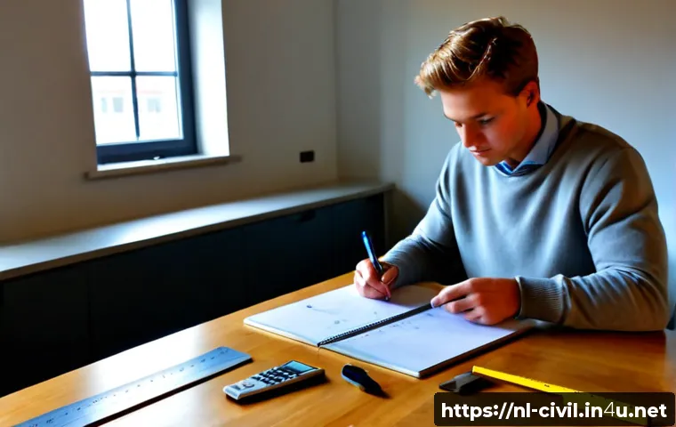 Home 17 토목기사 실기시험 준비 노하우 - Photorealistic Dutch civil engineering practical exam preparation scene, focused adult student weari...